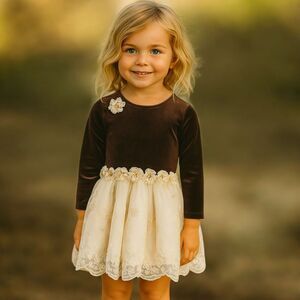 Isobella & Chloe Girls Dress Size 5 Brown Velour Ivory Lace Tulle Skirt Holiday
